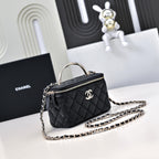 CC 24K Vanity Top Handle 17cm Black Lambskin Silver Hardware