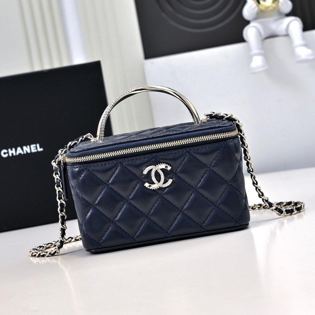 CC 24K Vanity Top Handle 17cm Blue Lambskin Silver Hardware