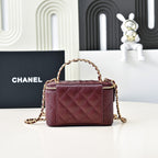 CC 24A Vanity Top Handle 16cm Burgundy Grained Calfskin Gold Hardware