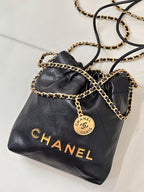 CC 22 Hobo Bag 19cm Black Grained Calfskin Gold Hardware