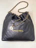 CC 22 Hobo Bag 42cm Black Grained Calfskin Gold Hardware