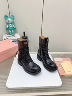 Miu Leather Laced Booties Black Cowhide