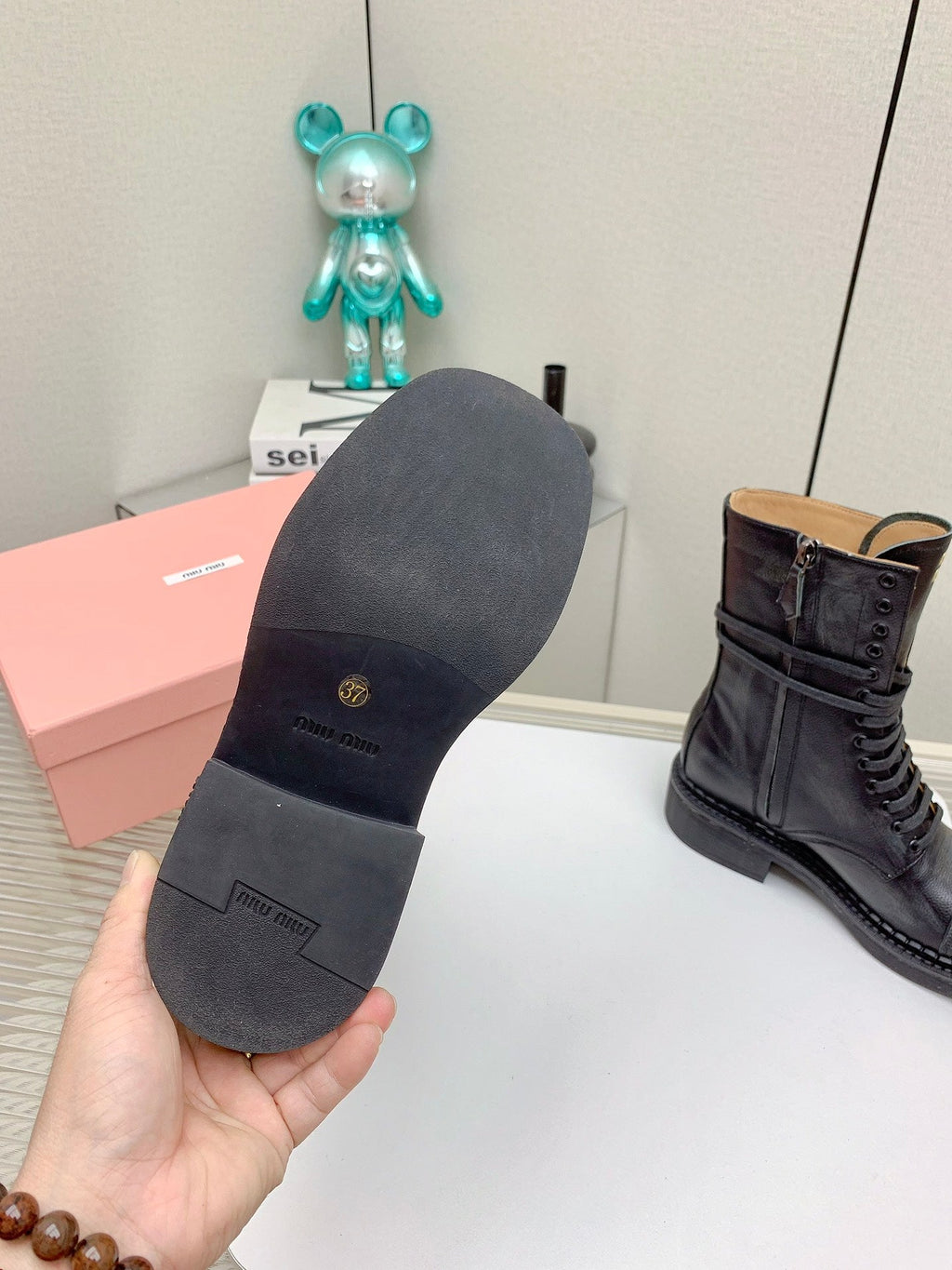 Miu Leather Laced Booties Black Cowhide