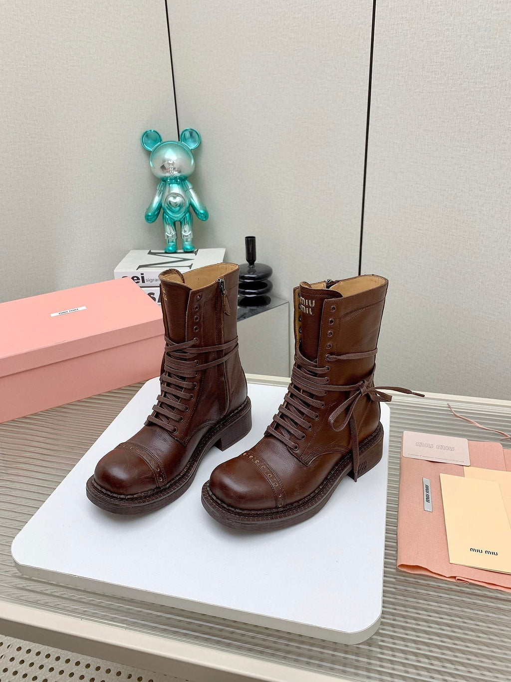 Miu Leather Laced Booties Chestnut Brown Cowhide