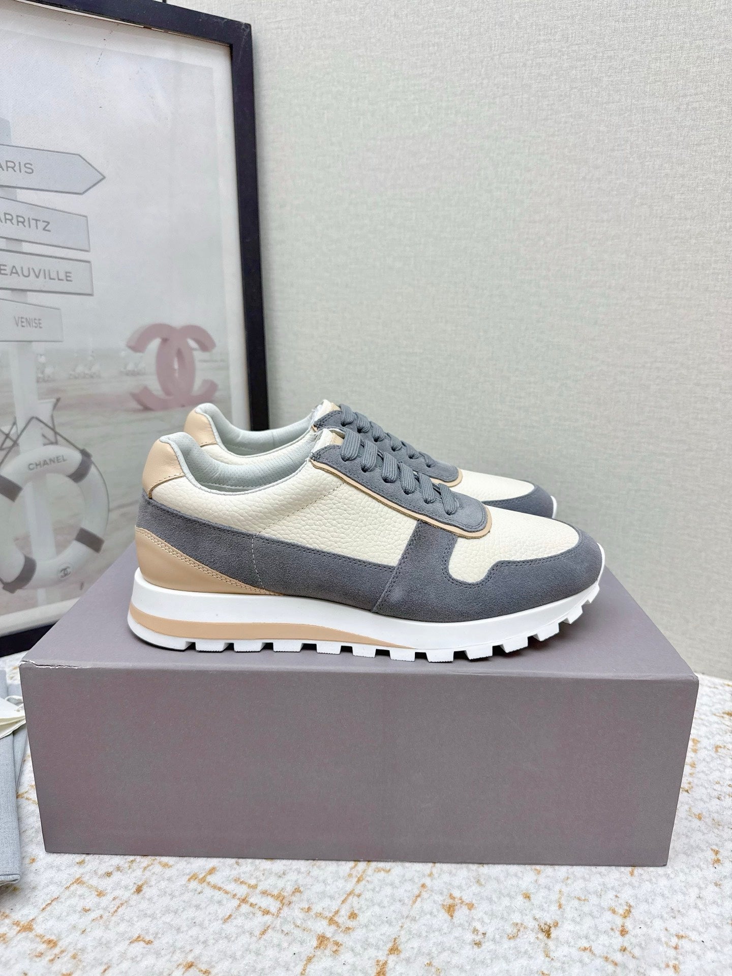 Brunello Panelled Sneakers Ivory Dark Grey Grain Leather Suede 625362