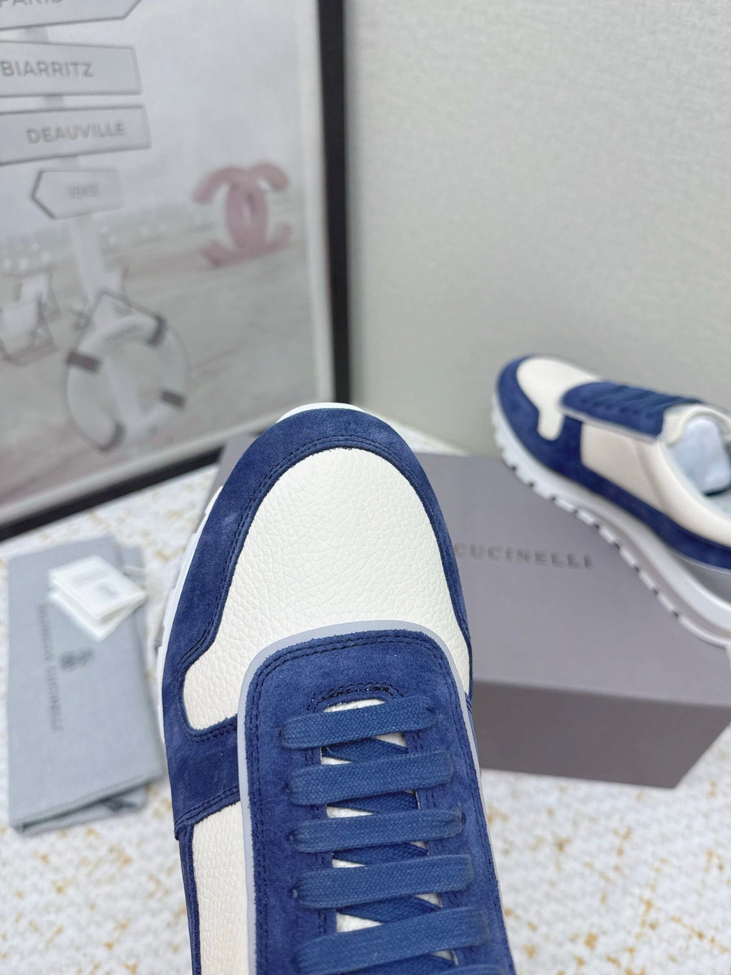 Brunello Panelled Sneakers Ivory Blue Grain Leather Suede 625363