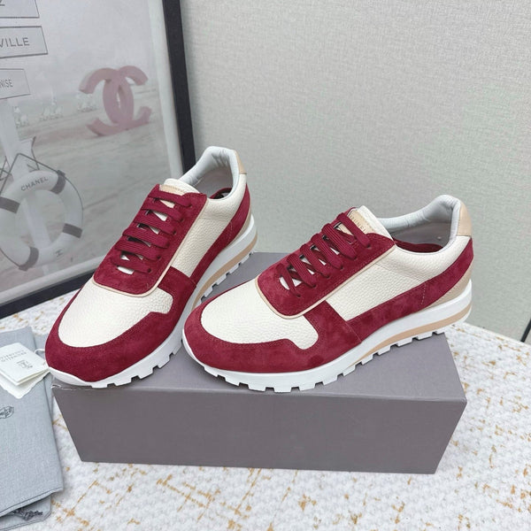 Brunello Panelled Sneakers Ivory Burgundy Grain Leather Suede 625364