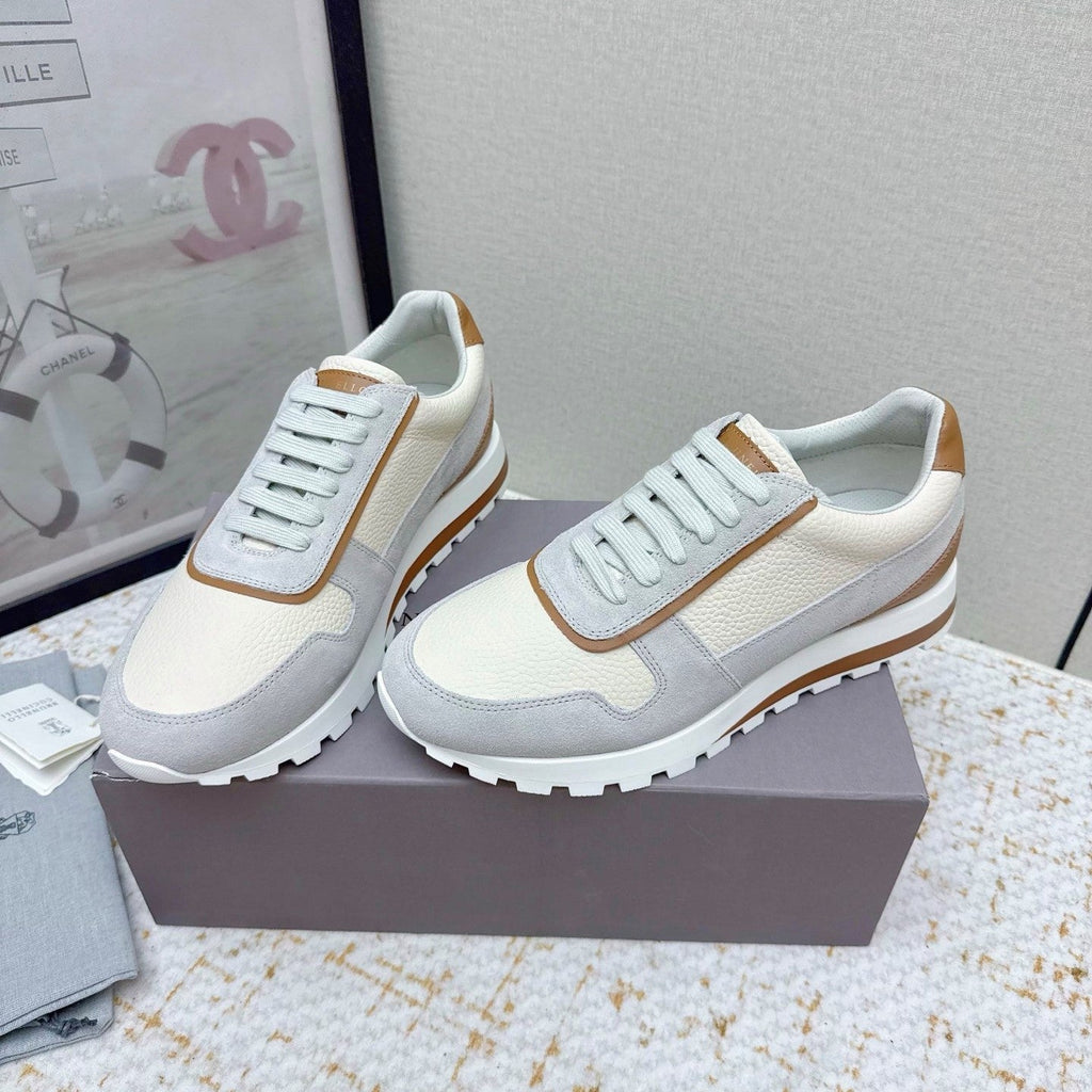 Brunello Panelled Sneakers Ivory Grey Grain Leather Suede 625366