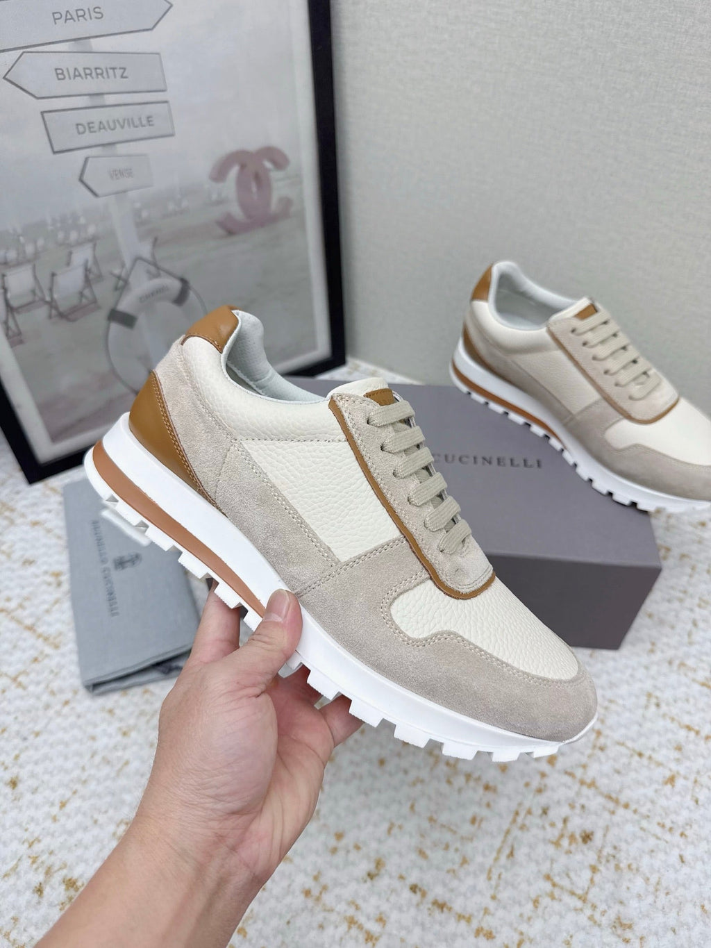 Brunello Panelled Sneakers Beige Taupe Grain Leather Suede 625367