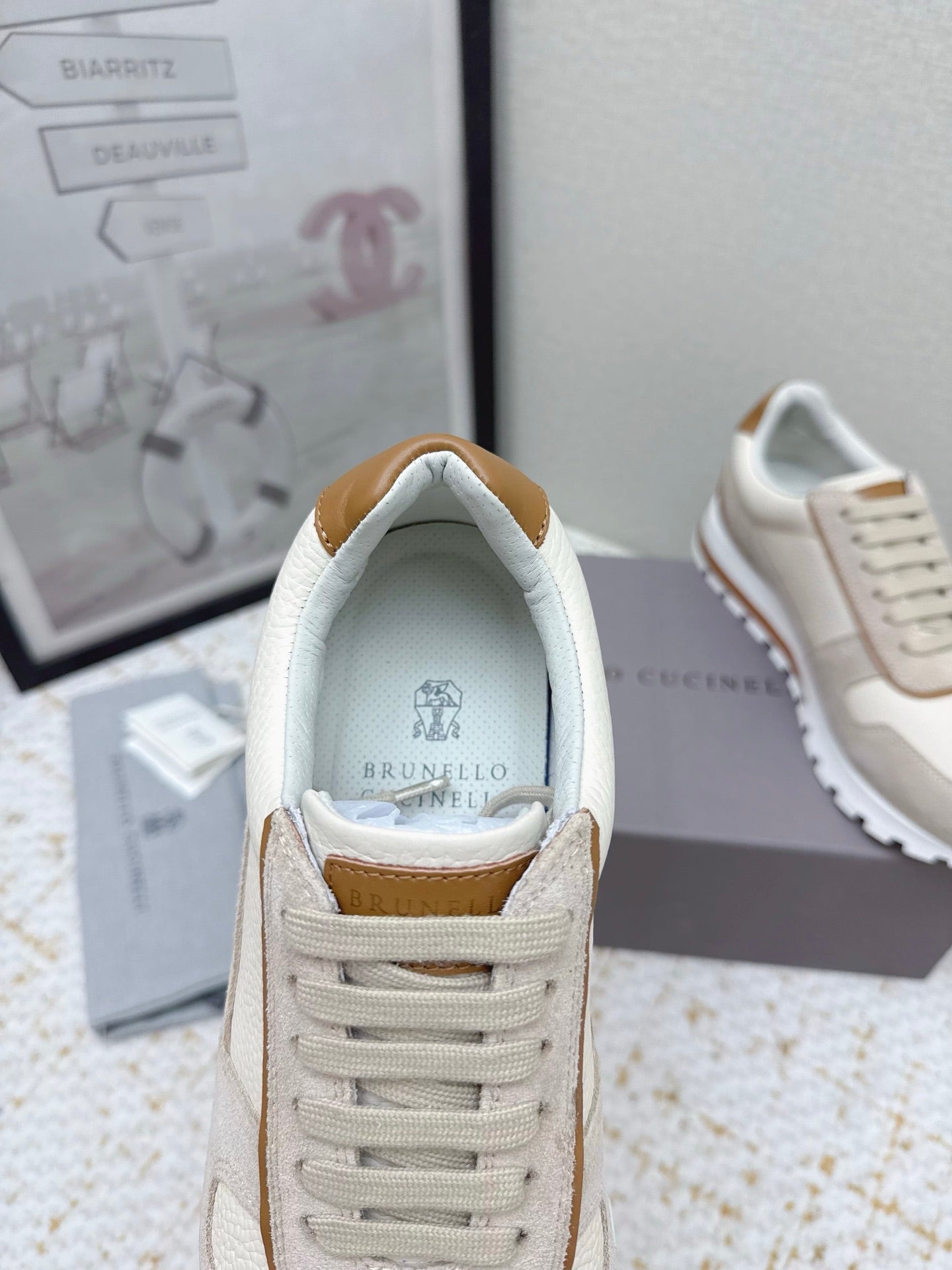 Brunello Panelled Sneakers Beige Taupe Grain Leather Suede 625367