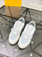 LV TRAINER SNEAKER WHITE CALFSKIN MIX LIGHT BLUE SUEDE