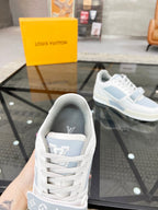 LV TRAINER SNEAKER WHITE CALFSKIN MIX LIGHT BLUE SUEDE