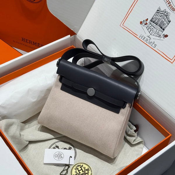 HM Mini Herbag Silver Buckle 20 Cream Canvas and Hunter Cowhide 243280