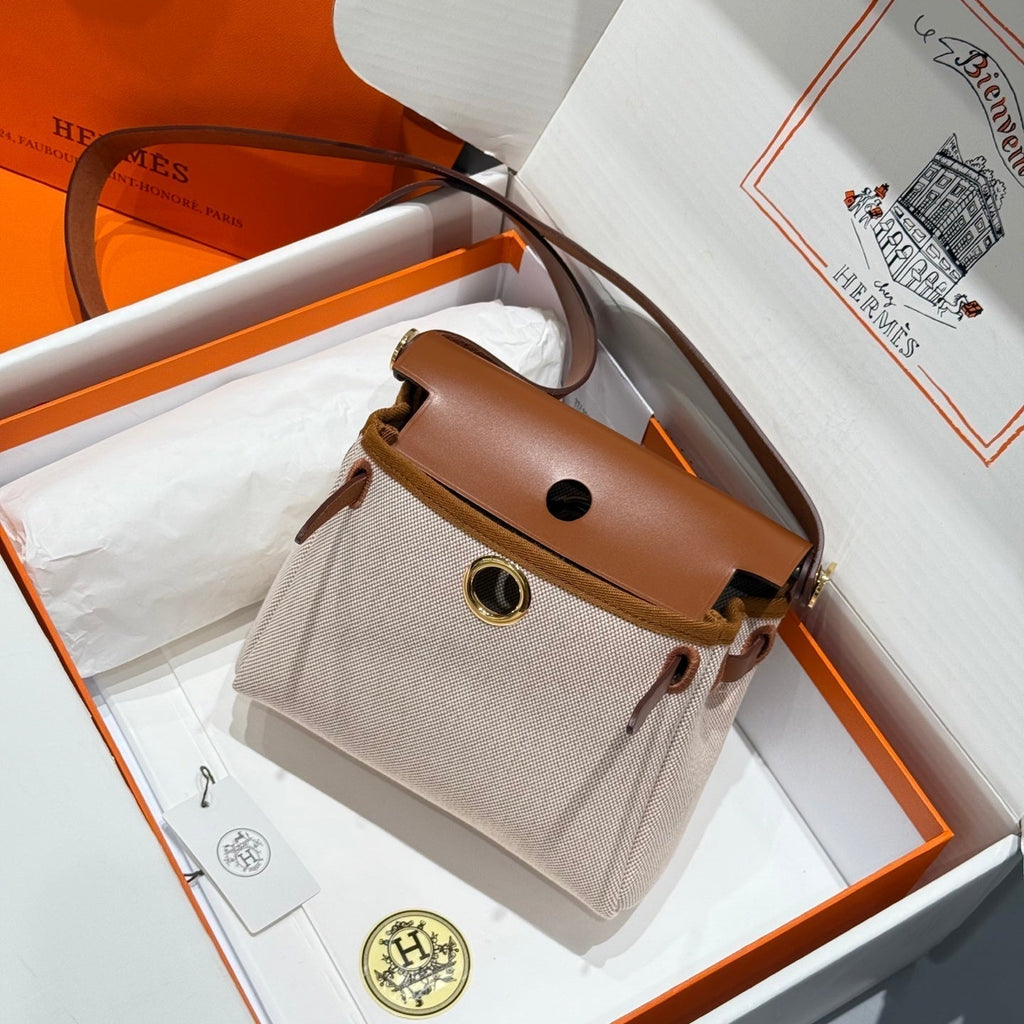 HM Mini Herbag Gold Buckle 20 Beige Canvas and Hunter Cowhide 243221