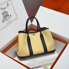 HM Garden Party 30cm Bag Black Togo Light Beige Canvas