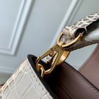 CAPUCINES MINI 21 WHITE GREY CROCODILE EMBOSSED CALFSKIN GOLD HARDWARE