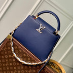 capucines mm 31.5 dark blue taurillon leather gold hardware