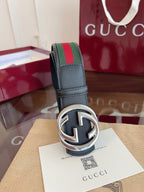 Gucci Supreme Belt Sliver Buckle 40mm Black Leather With Green Red Canvas