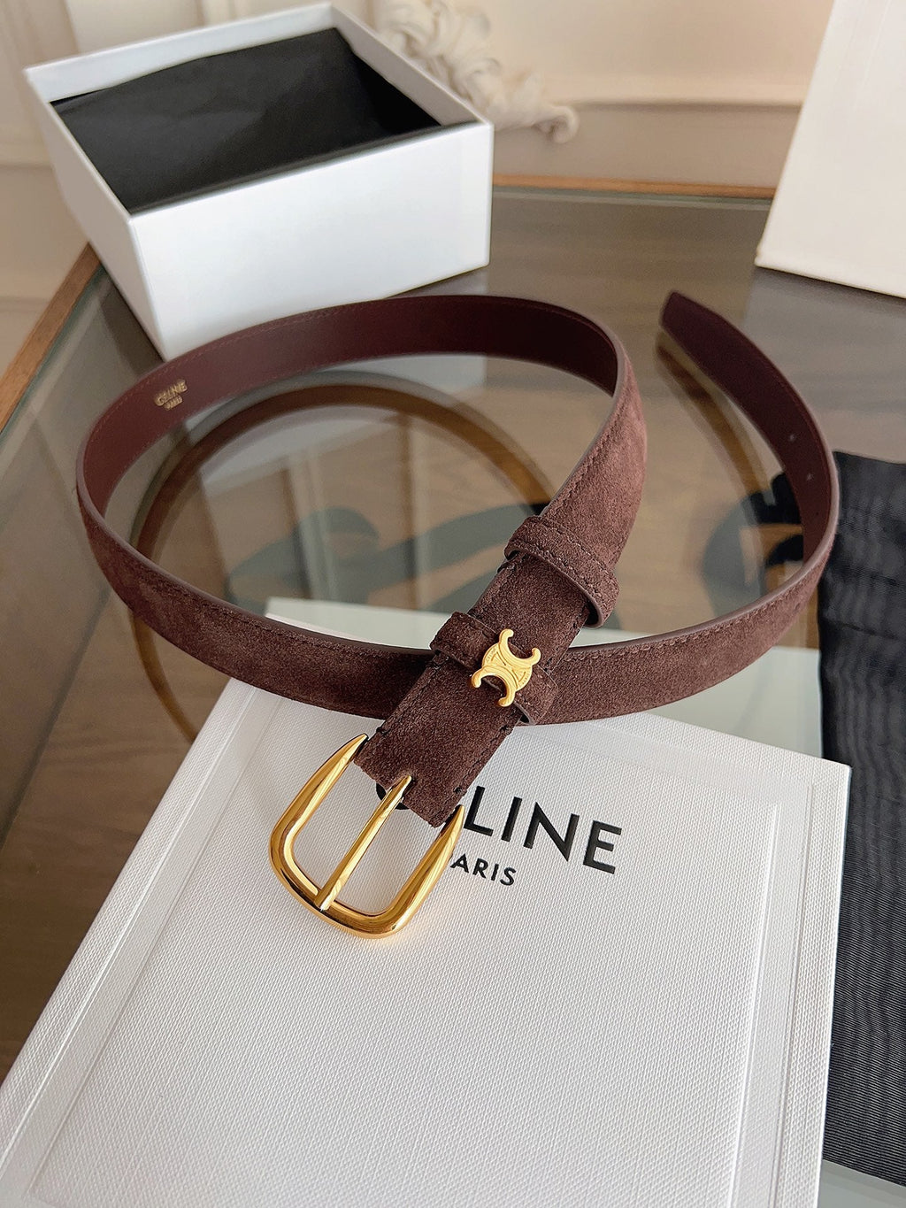 CL Gold 25mm Triomphe Metal Ring Brown Suede 616259