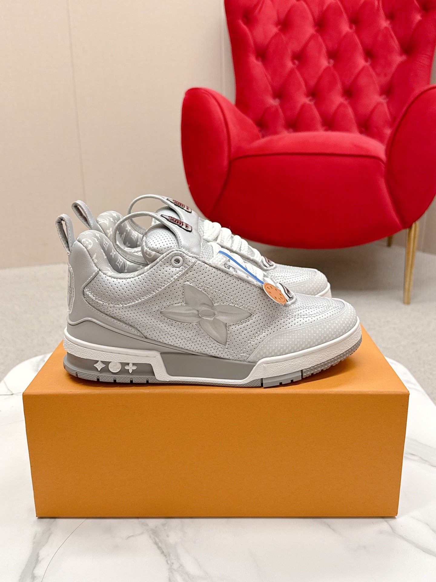LV Skate Sneakers Silver Metallic and Perforated Calf Leather 528548