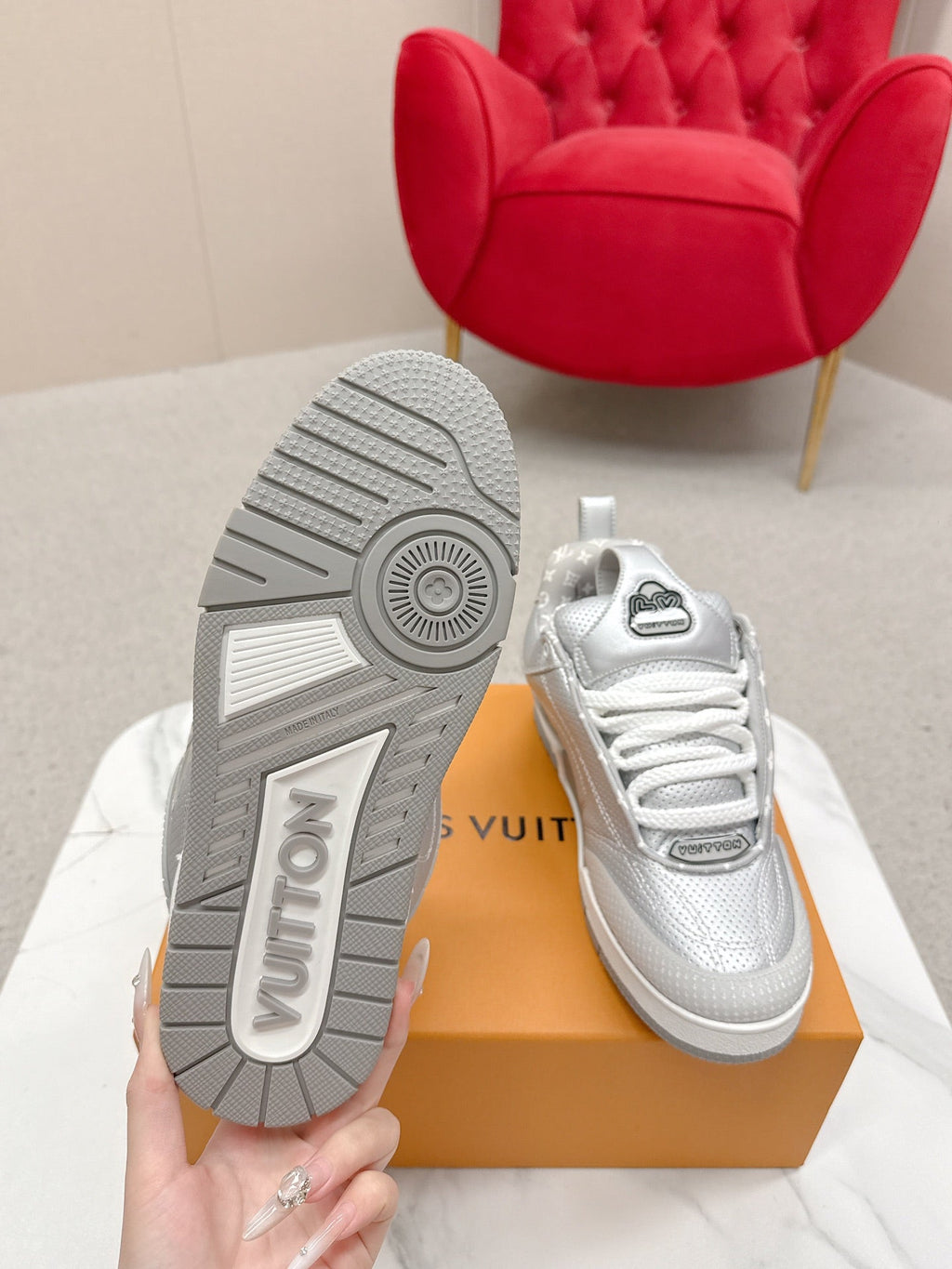 LV Skate Sneakers Silver Metallic and Perforated Calf Leather 528548