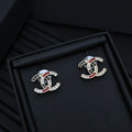DOUBLE C STUD EARRINGS IN LIGHT GOLD METAL WITH MULTICOLOR CRYSTALS