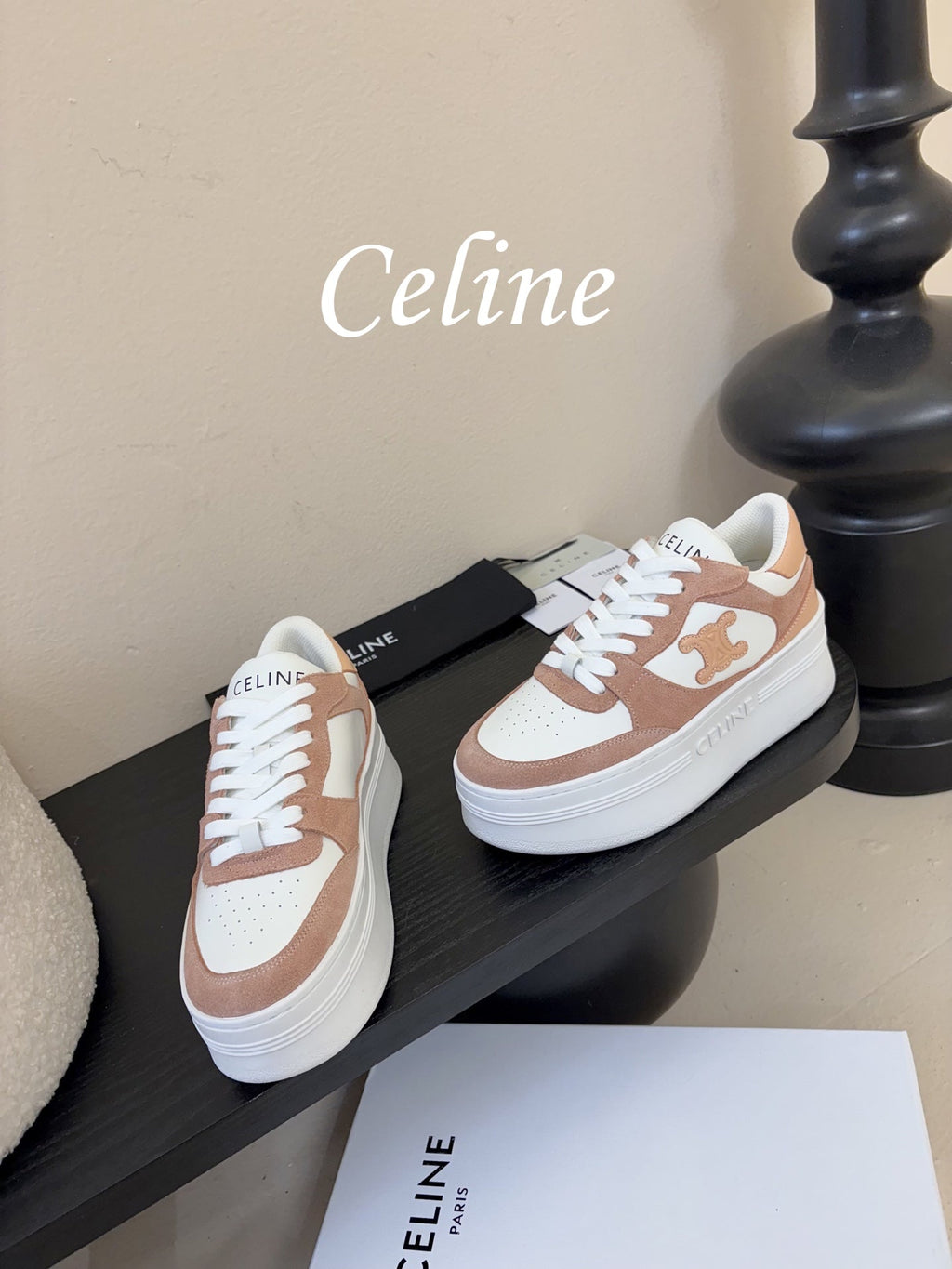 Celine Block Wedge Sneaker White Tan Suede Calfskin 606413