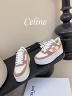 Celine Block Wedge Sneaker White Tan Suede Calfskin 606413