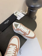 Celine Block Wedge Sneaker White Tan Suede Calfskin 606413