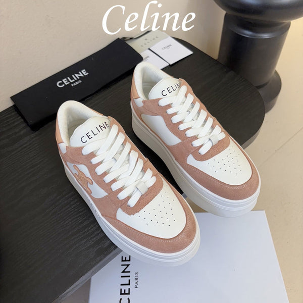 Celine Block Wedge Sneaker White Tan Suede Calfskin 606413