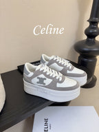 Celine Block Wedge Sneaker White Grey Suede Calfskin 606414