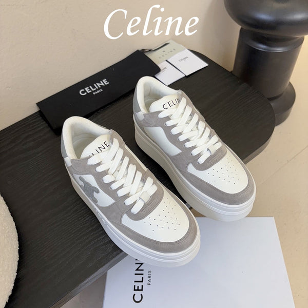 Celine Block Wedge Sneaker White Grey Suede Calfskin 606414
