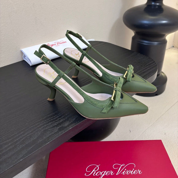 Virgule Slingback Pumps 7.5cm Olive Green Cowhide 606401