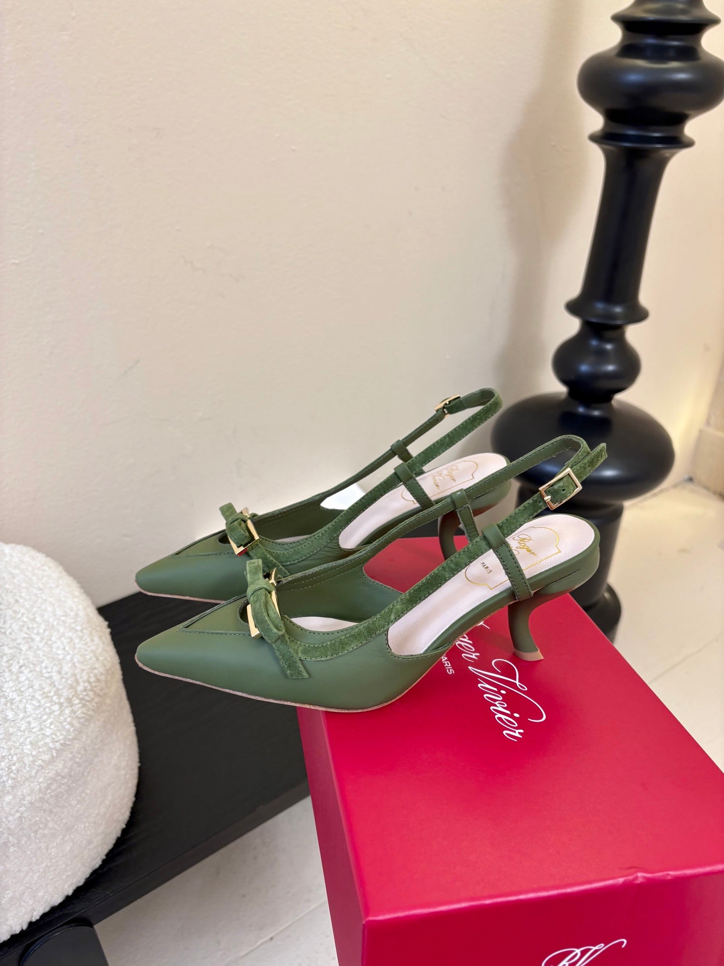 Virgule Slingback Pumps 7.5cm Olive Green Cowhide 606401