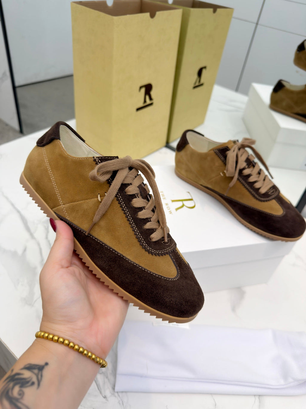 The Row 2025 Sneaker Dark Brown mix Tan Suede Sheepskin 576014