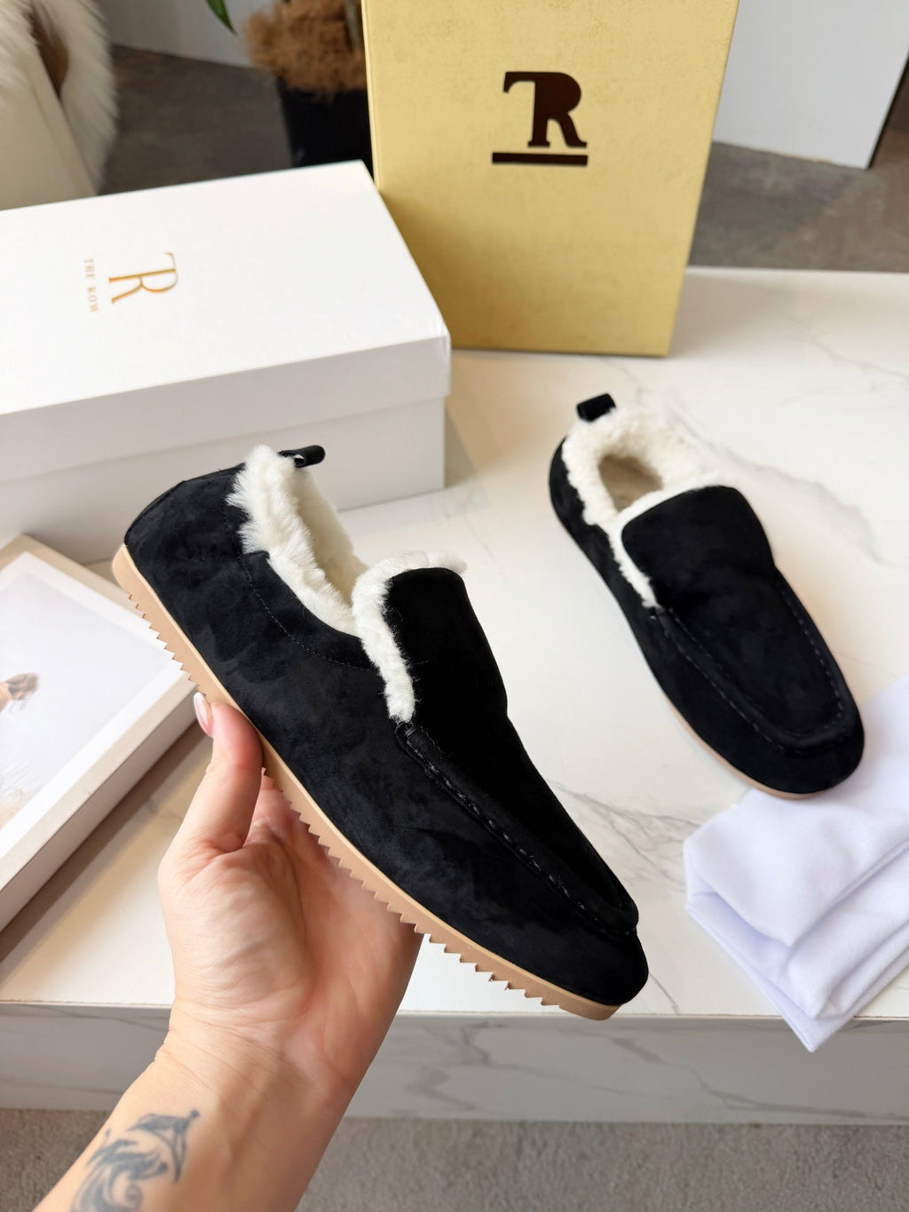 The Row 2025 Loafer Black Suede Wool 576845