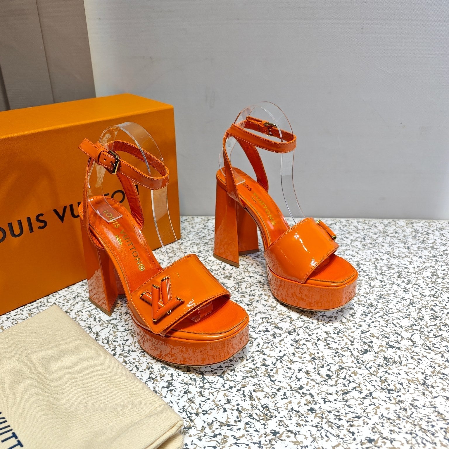 LV Shake Platform Sandal 110mm Orange Patent Leather 456137
