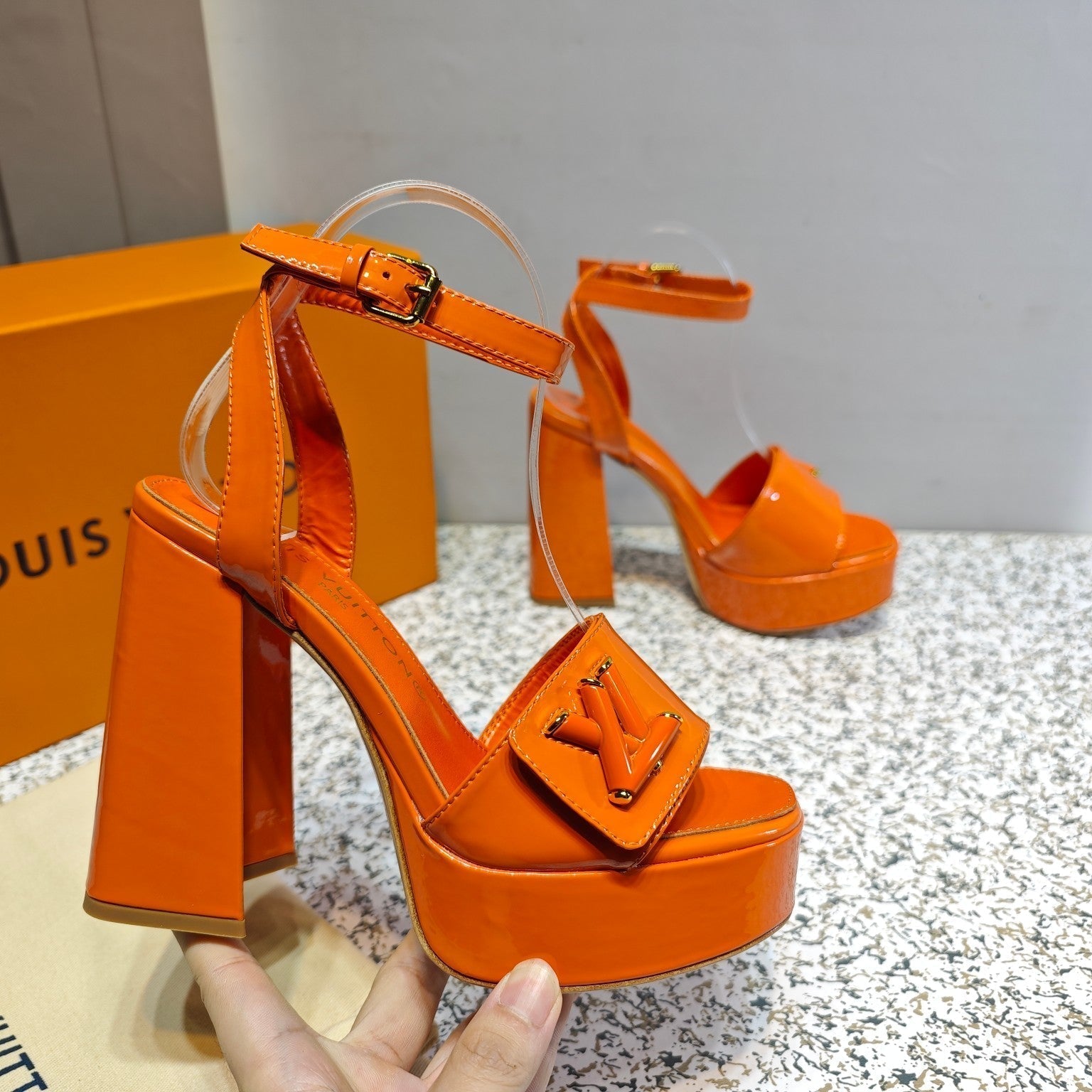 LV Shake Platform Sandal 110mm Orange Patent Leather 456137