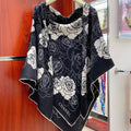 CC Square Scarf 140 CM In Black Mix White Small Flower Cashmere And Silk 342864