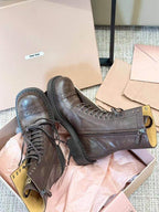 Miu Cocoa Brown Leather Lace-Up Boots