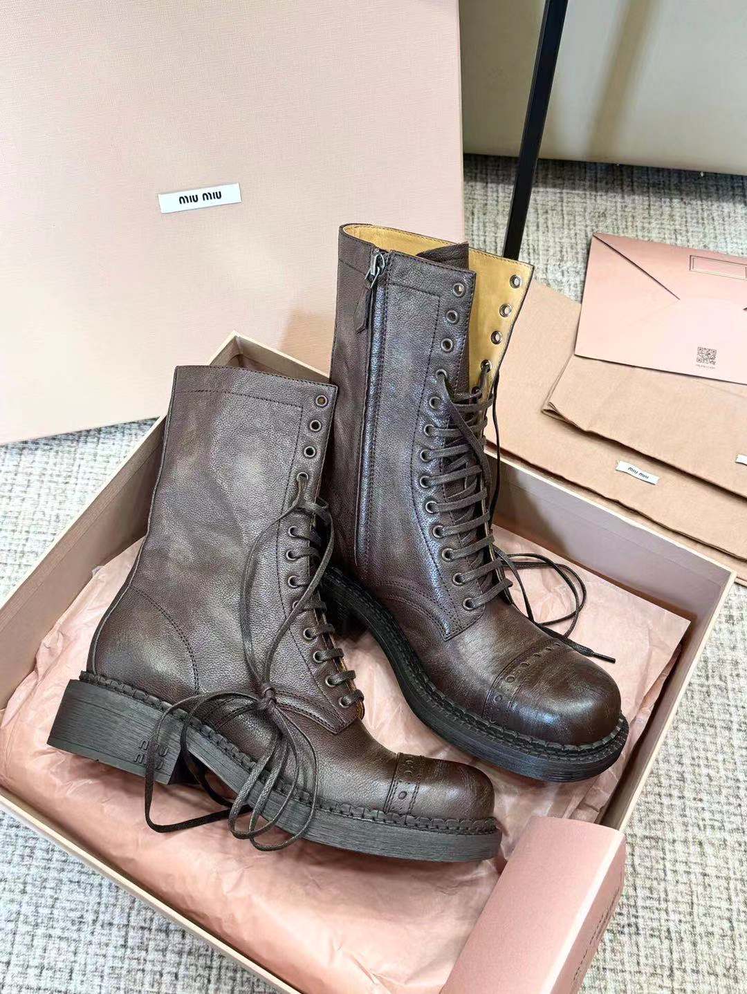 Miu short Boots Umber Brown Calfskin