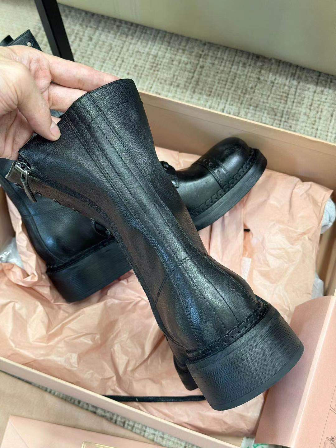 Miu Short Boots Black Paint Calfskin