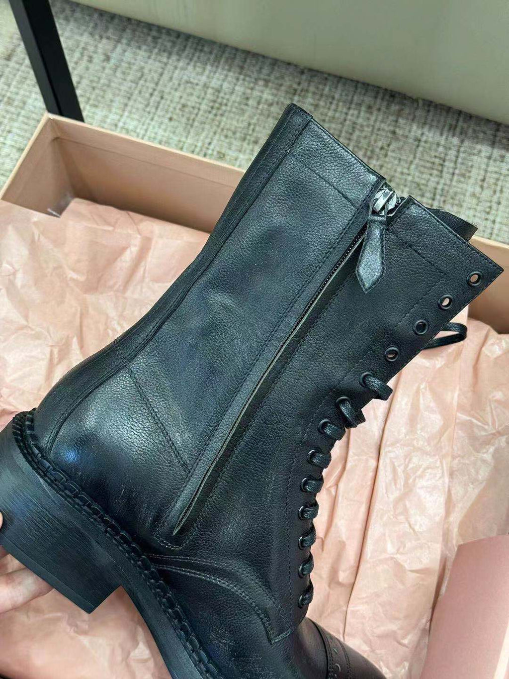 Miu Short Boots Black Paint Calfskin