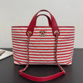 Chanel 26 Woven Beach Bag 46 White Red Canvas Leather