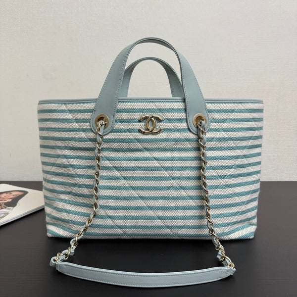 Chanel 26 Woven Beach Bag 46 White Light Blue Canvas Leather