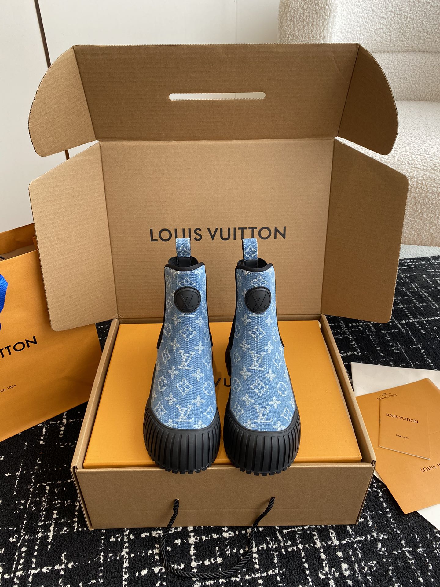 LV Ruby Flat Ankle Boots Light Blue Monogram Jacquard Fabric