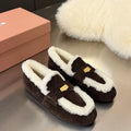 Miu Logo-Embossed Loafer Deep Neutral Suede Shearling 455916