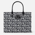 Versace Black White Logo Print Denim Canvas Tote Bag 40 With Cowhide Handle 175563