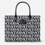 Versace Black White Logo Print Denim Canvas Tote Bag 40 With Cowhide Handle 175563