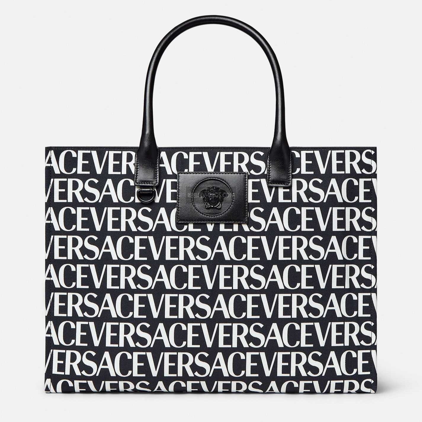Versace Black White Logo Print Denim Canvas Tote Bag 40 With Cowhide Handle 175563